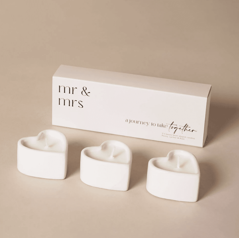 Mr & Mrs White Heart Shaped Tealight Candles - Set of 3 Fragrance
