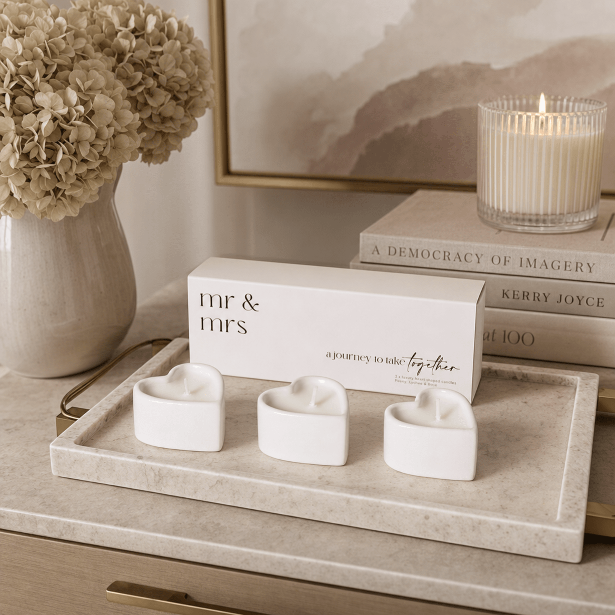 Mr & Mrs White Heart Shaped Tealight Candles - Set of 3 Fragrance