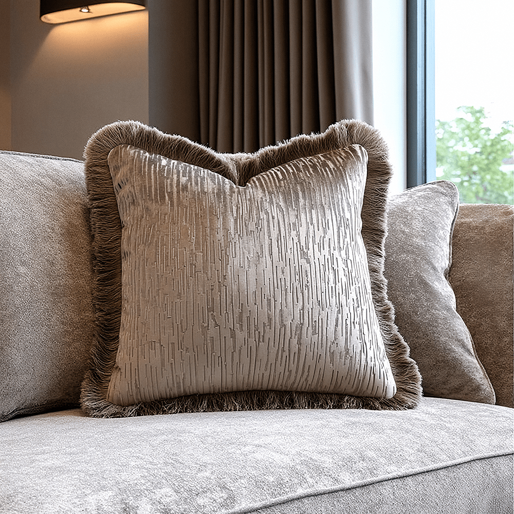 Narella Taupe Velvet Fringe Detail Cushion- 50 x 50cm Accessories
