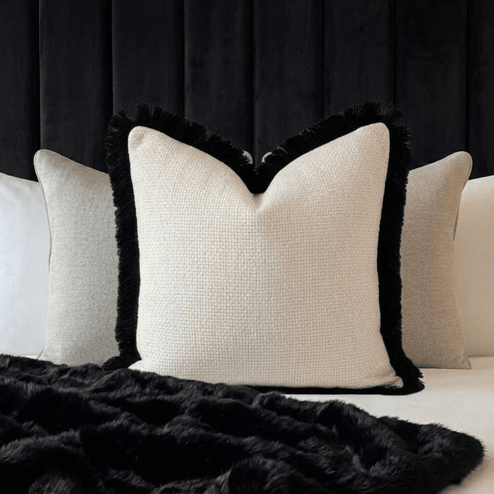 Nemia Cream Weaved Velvet Cushion with Black Fringe Detail- 50x50cm