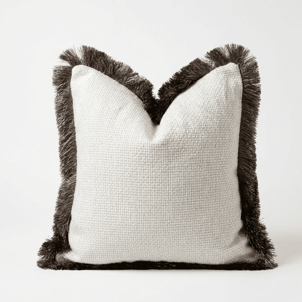 Nemia Cream Weaved Velvet Cushion with Metalic Fringe Detail- 50x50cm