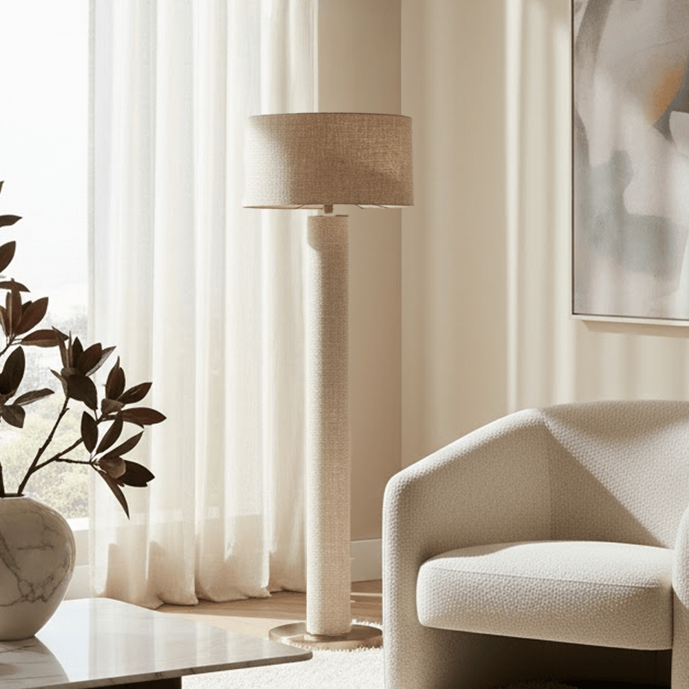 Nerisse Beige Linen Fabric Floor Standing Lamp with Gold Base Lighting