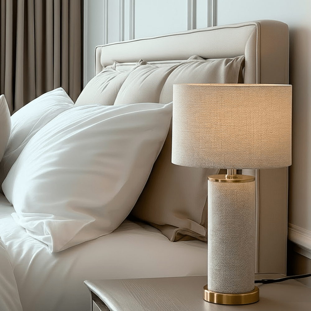 Nerisse Beige Linen Fabric Table Lamp with Gold Base Lighting