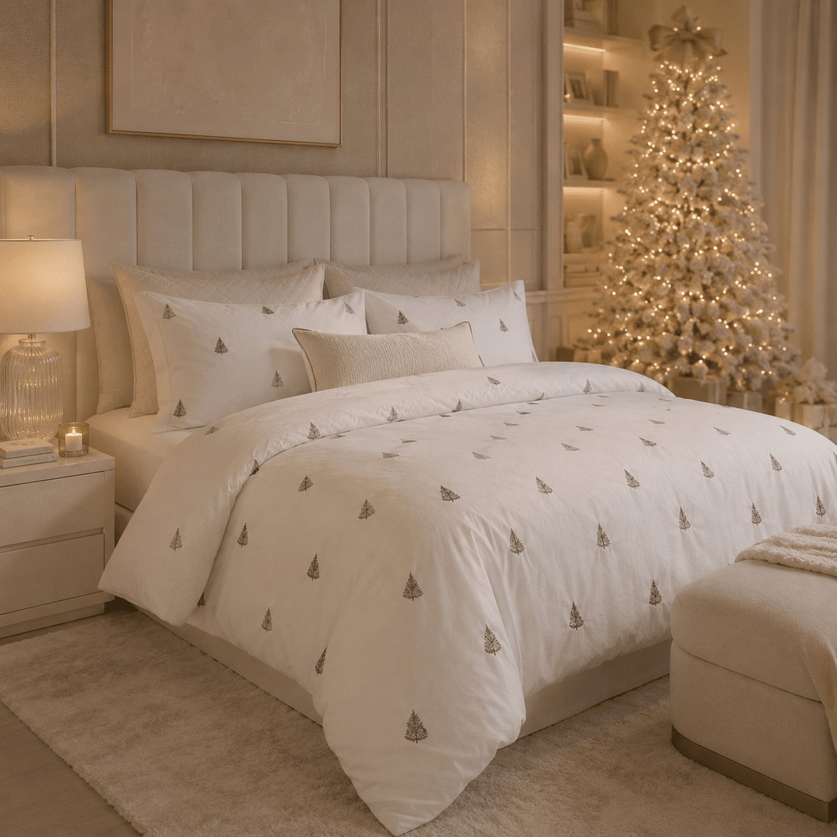 Neve White & Dark Green Christmas Trees Printed Duvet Set Textiles