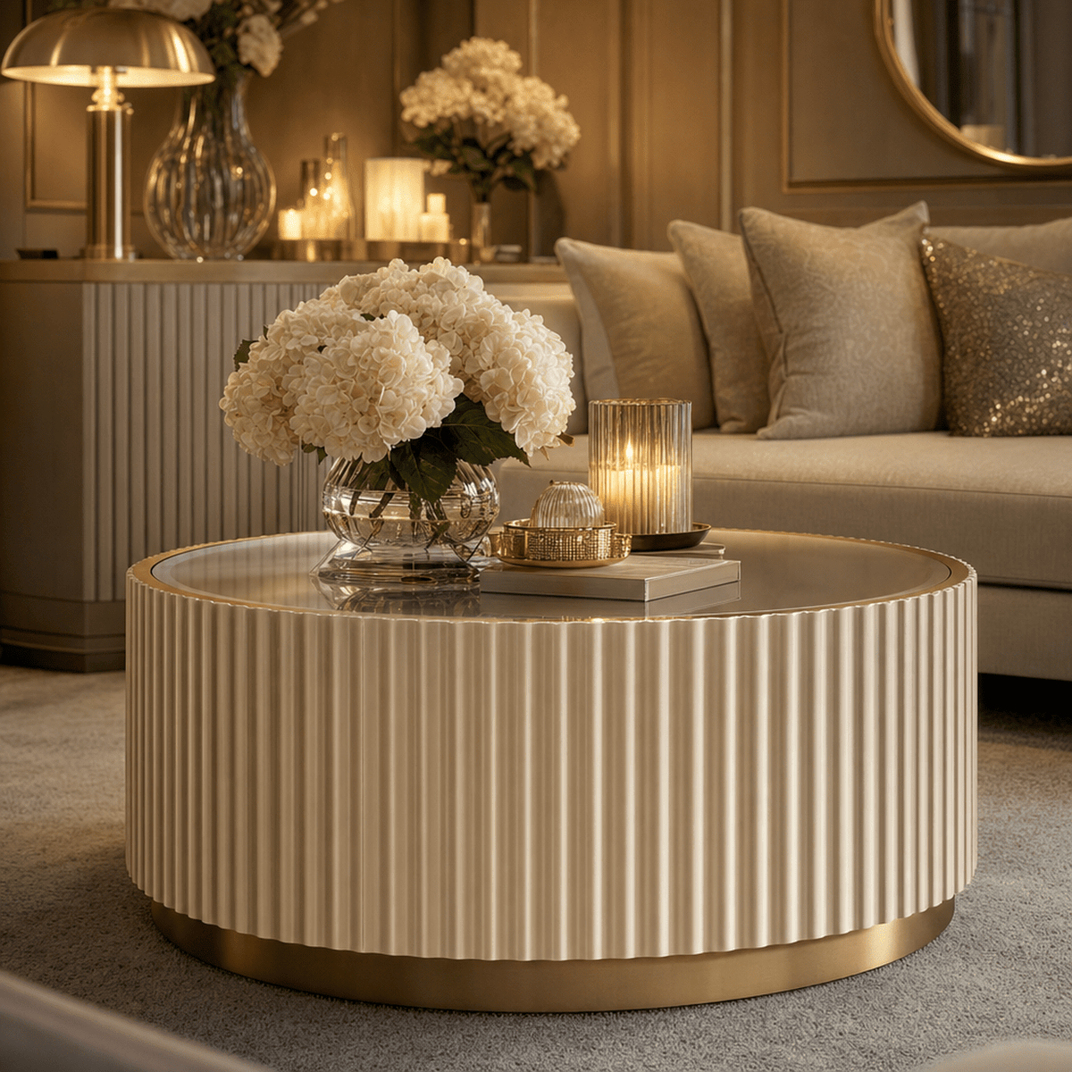 Nobbu Champagne Fluted Round Coffee Table with Mirrored Top Furniture