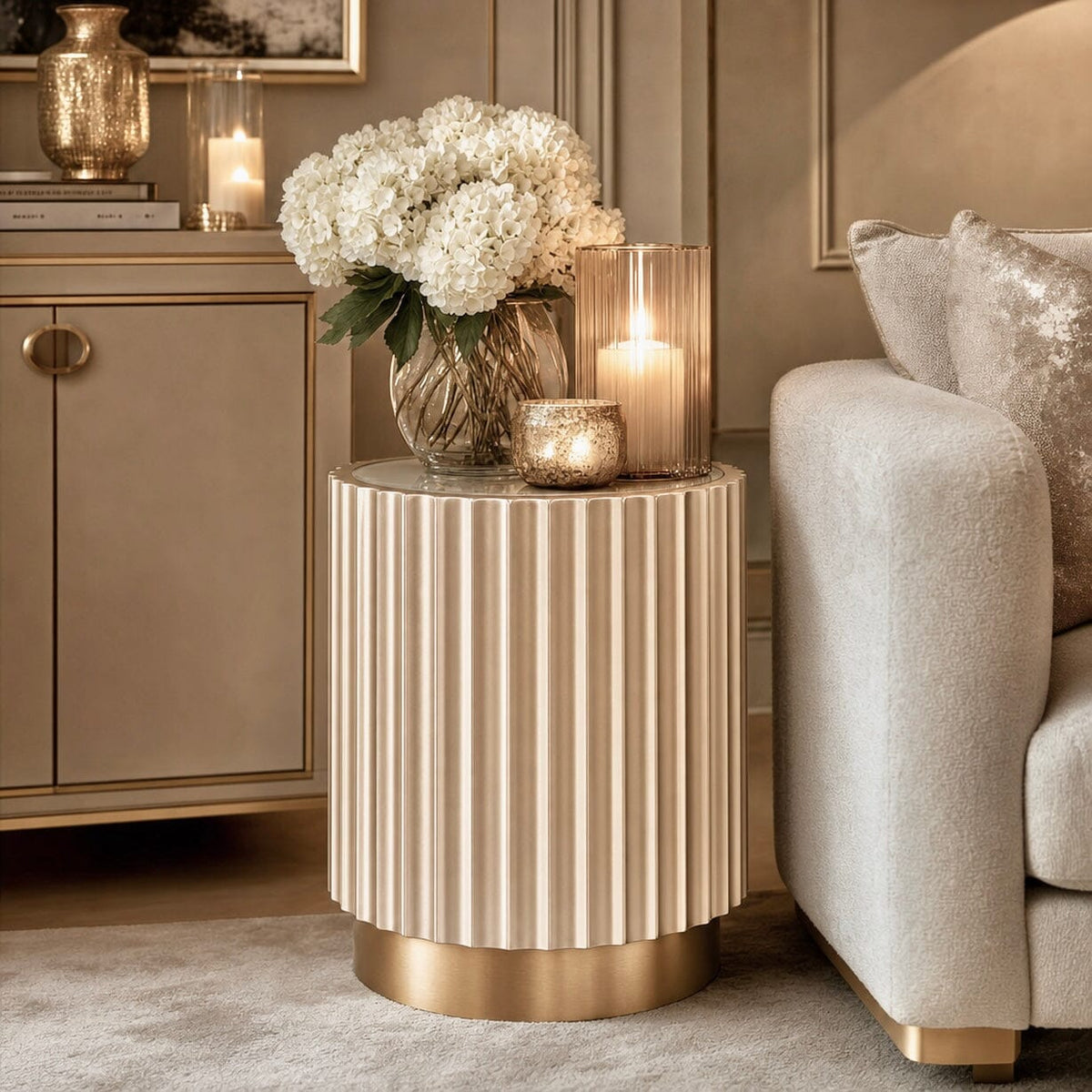 Nobbu Champagne Fluted Round Side Table with Mirrored Top Furniture