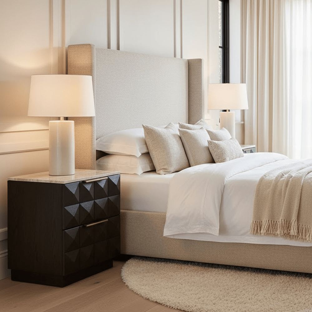 Norah Deep Brown 2 Drawer Bedside Table with Travertine Top Furniture