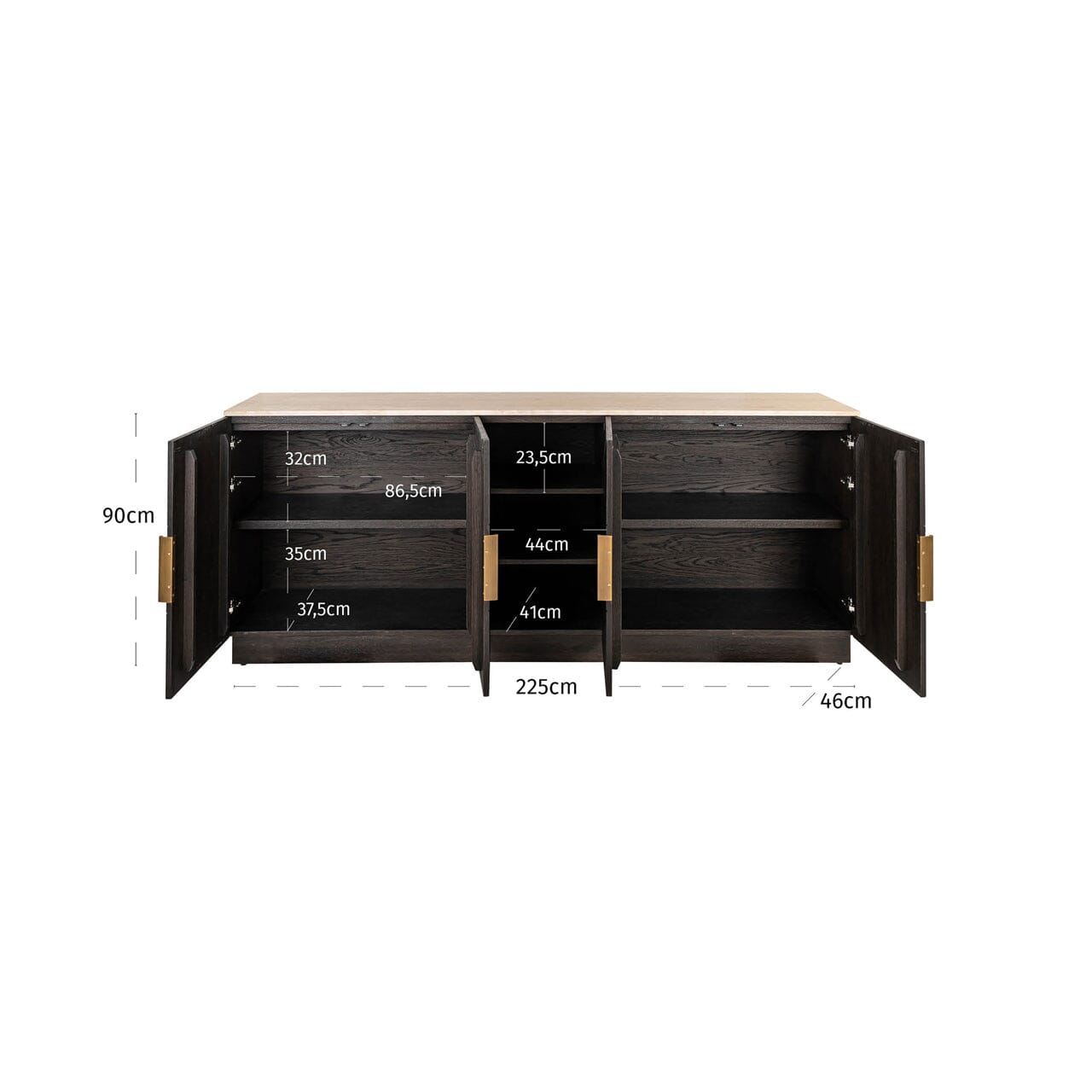 Norah Deep Brown 4 Door Sideboard with Shelving & Travertine Top Furniture