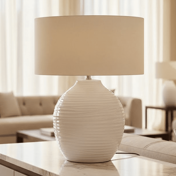 Nyelle White Textured Ceramic Table Lamp with Linen Shade Lighting