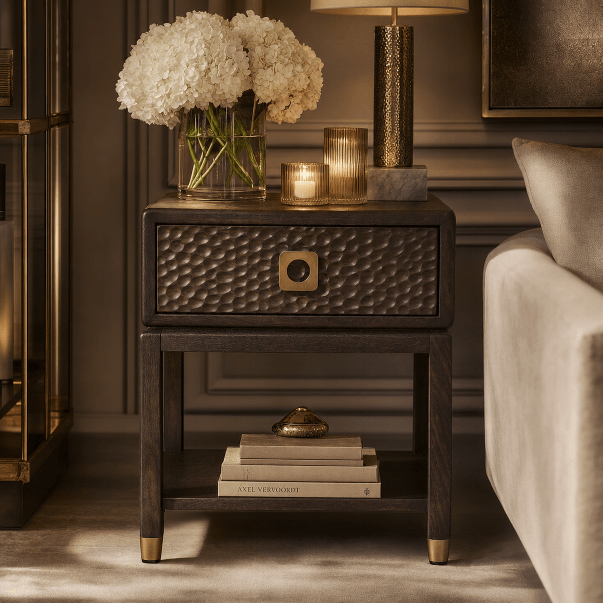 Osmund Dark Hammered Oak Effect 1 Drawer Bedside Table Furniture