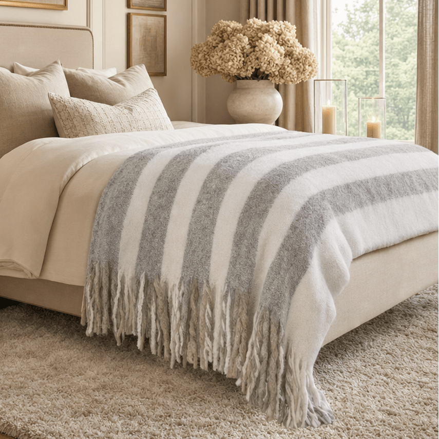 Ottilie Grey & White Striped Tasselled Throw Textiles