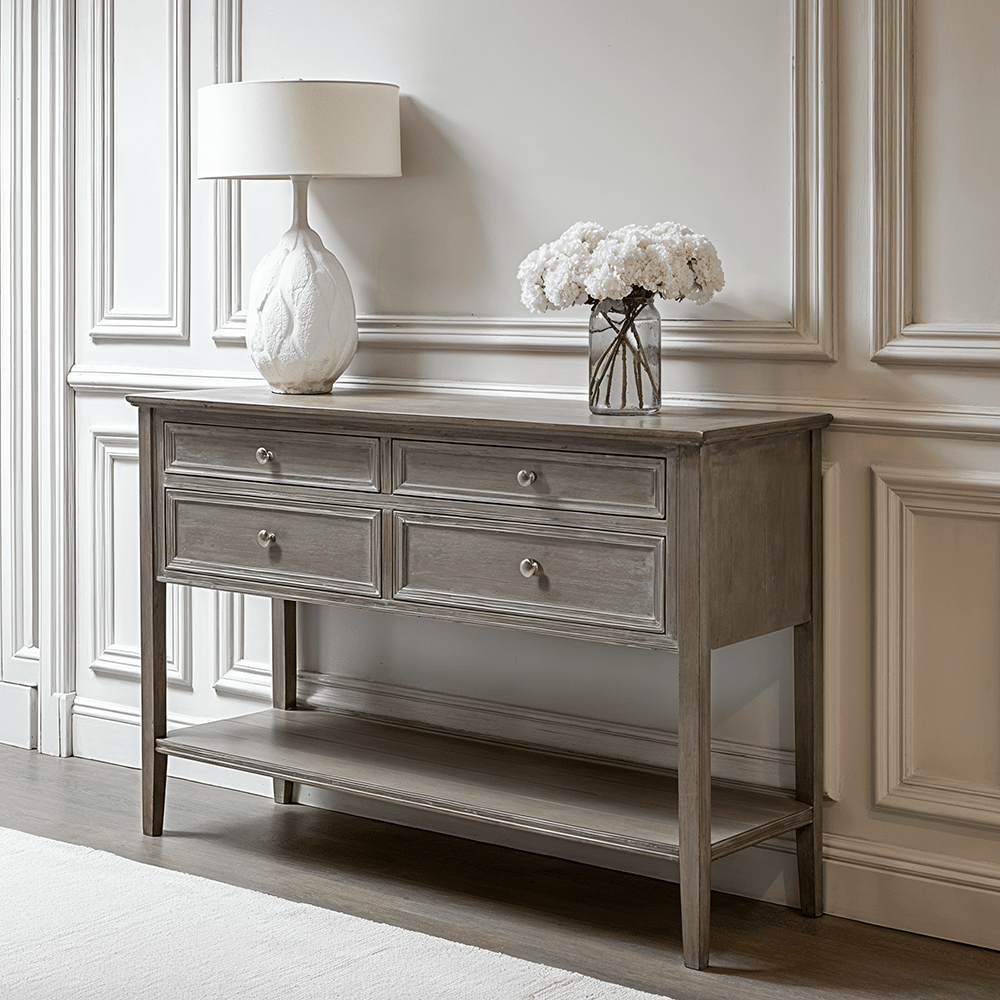 Palma Grey Washed Wood 4 Drawer Console Table Furniture