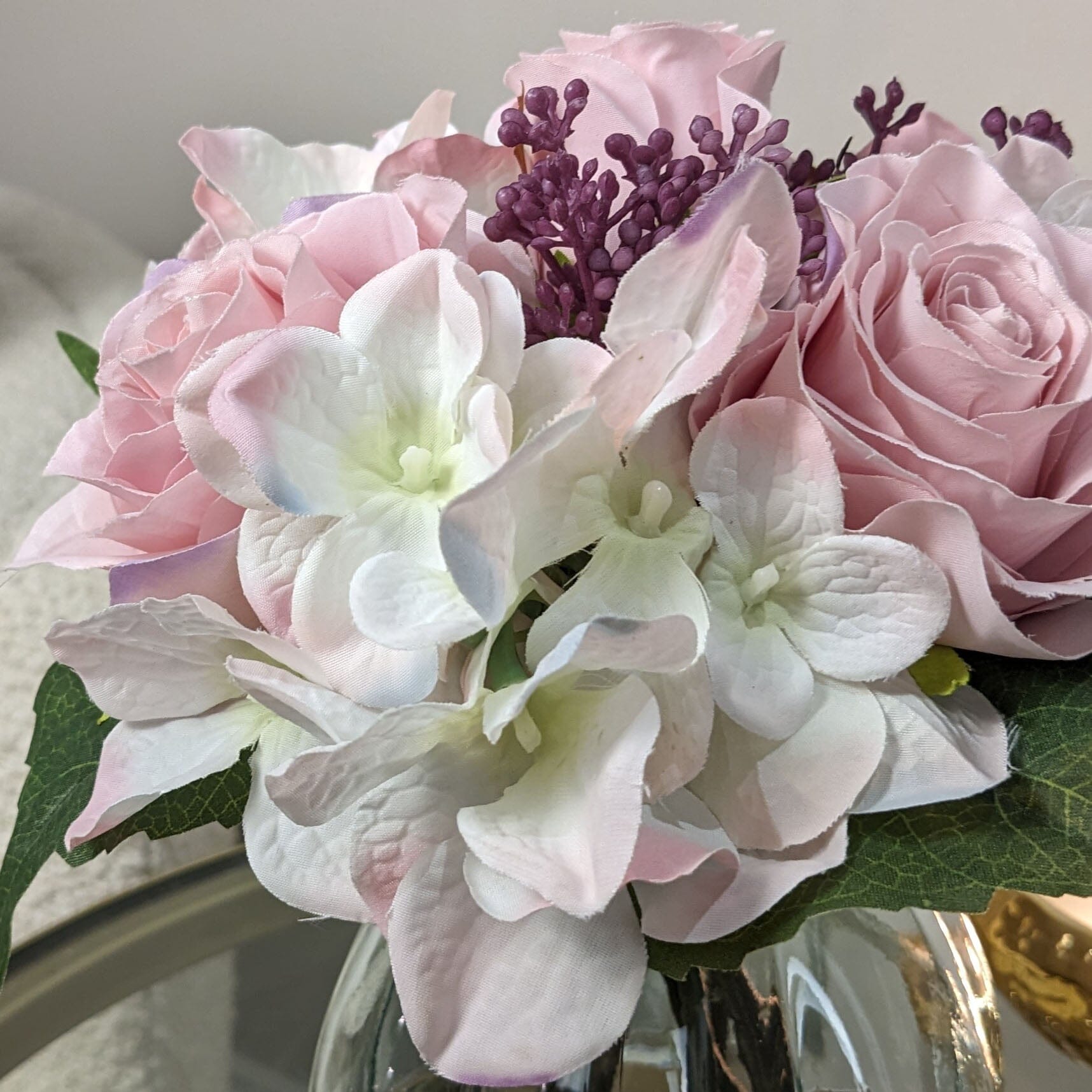 Pink and Cream Faux Rose & Hydrangea Florals in Vase Accessories