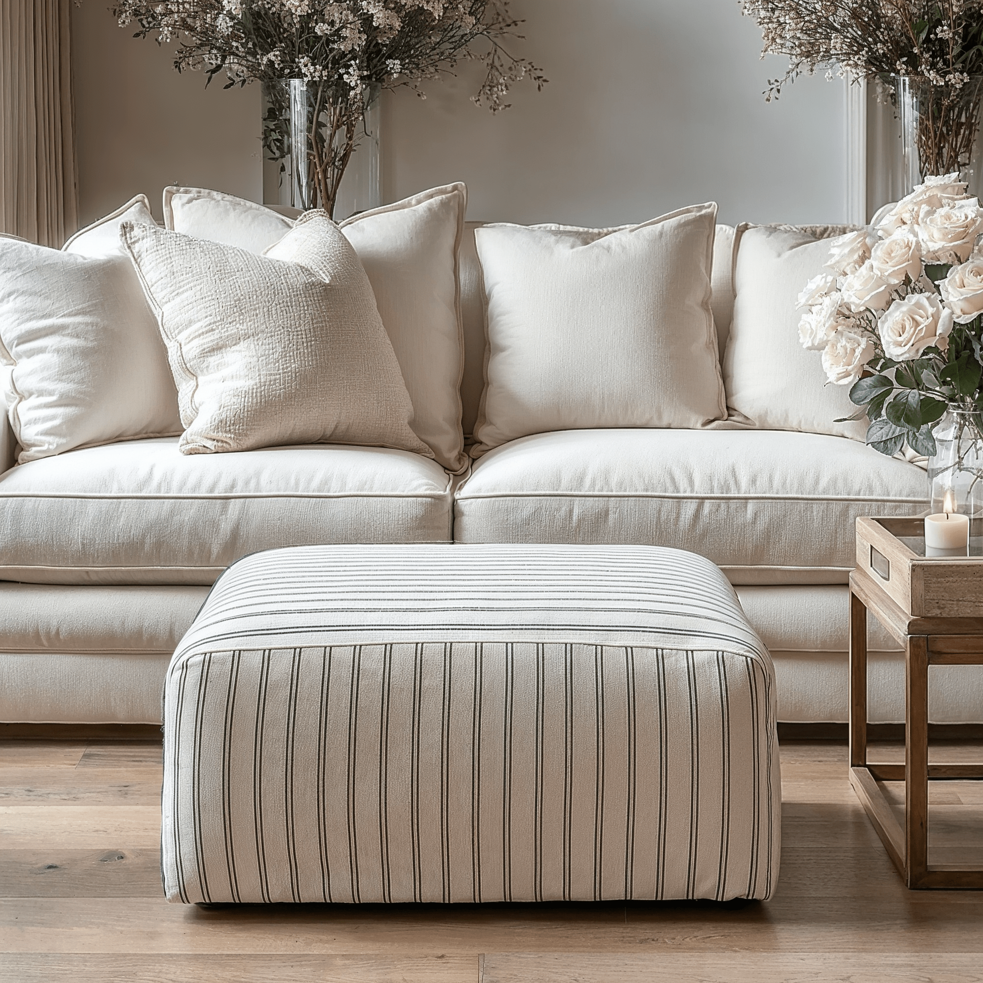 Quince Cream & Charcoal Striped Pouffe Furniture