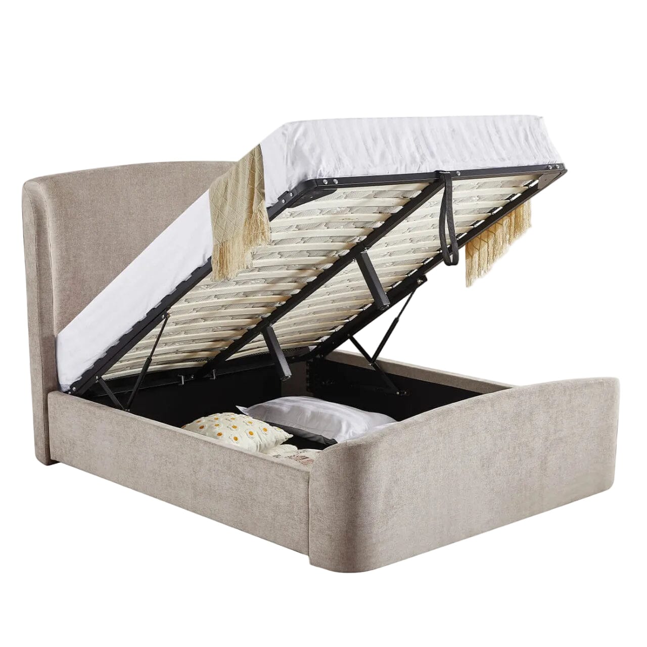 Reya Beige Textured Winged Ottoman Bed Beds and Headboards