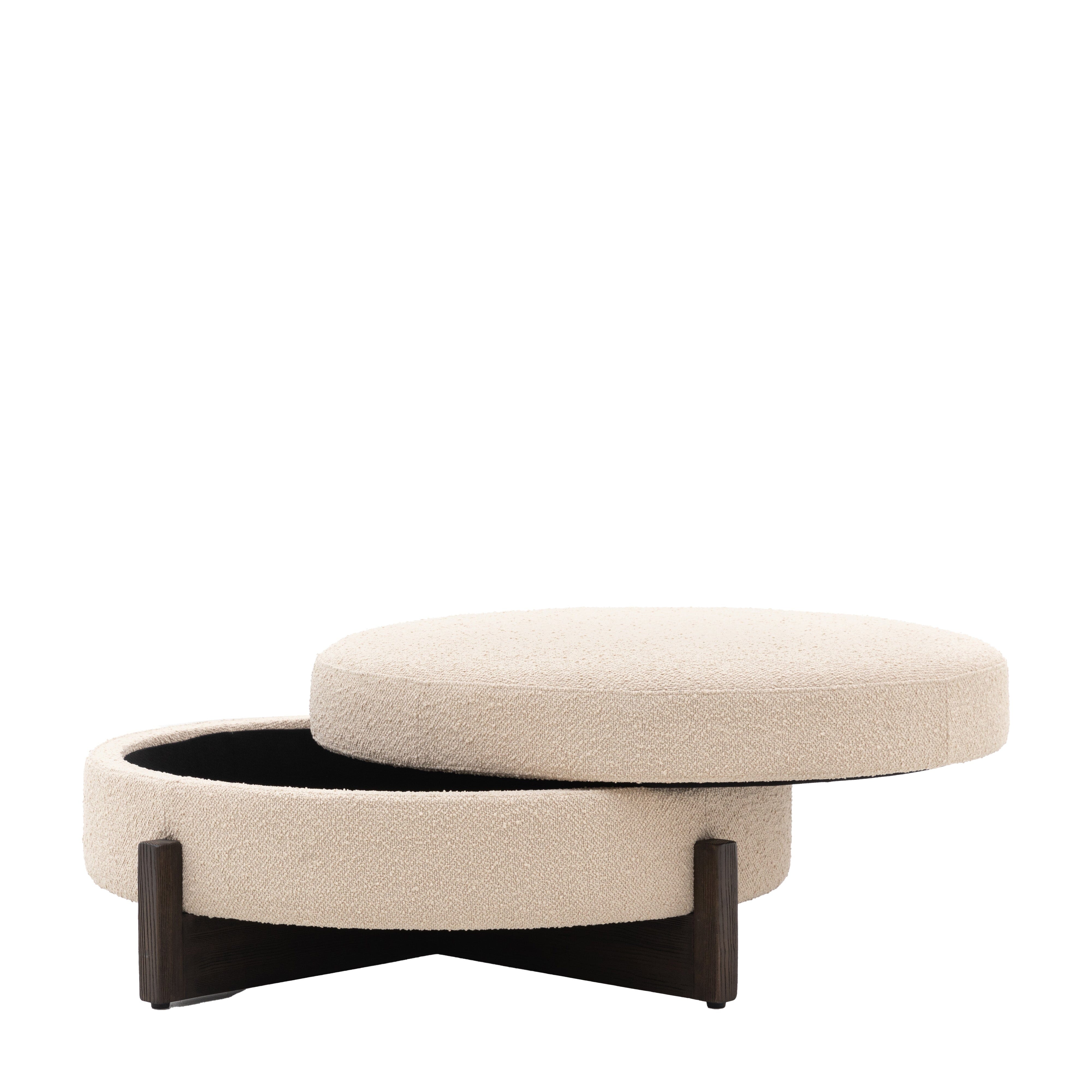 Richmond Neutral Boucle Round Storage Footstool with Walnut Detailing Furniture