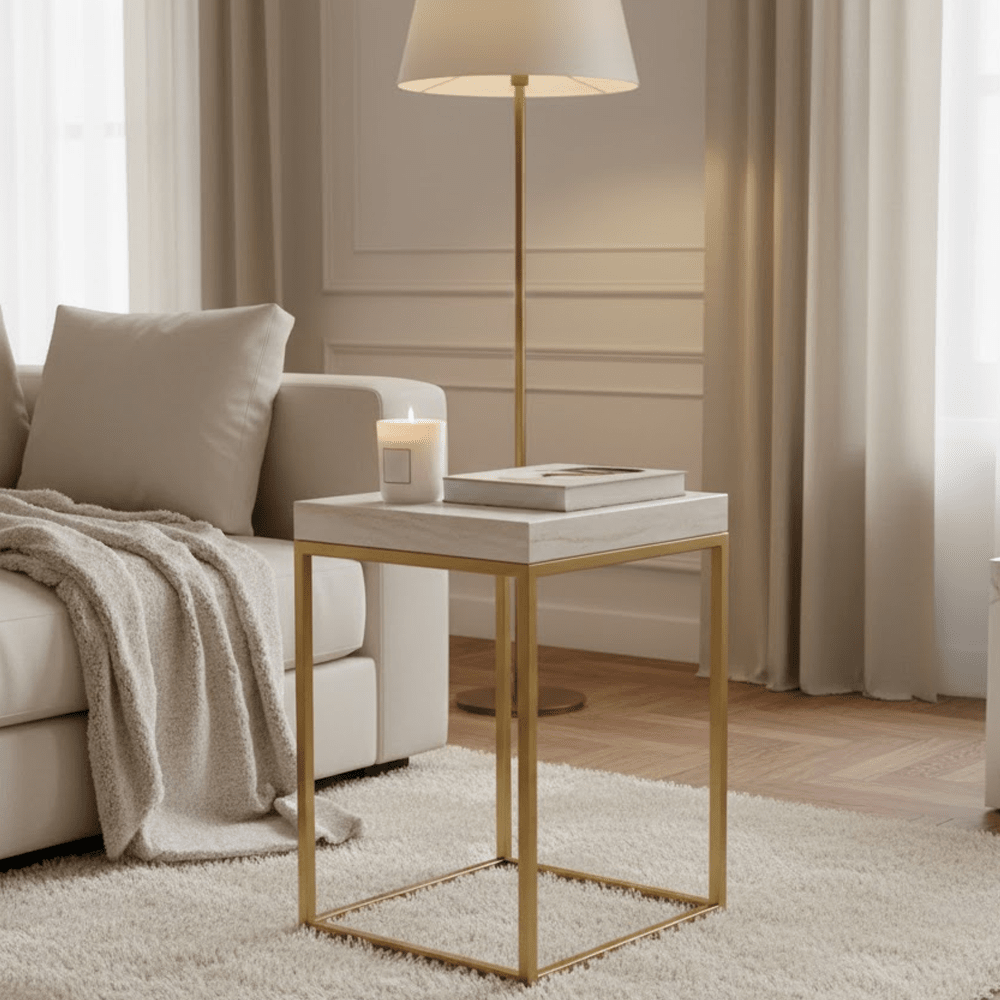 Robyn Beige Granite & Gold Square Side Table Furniture