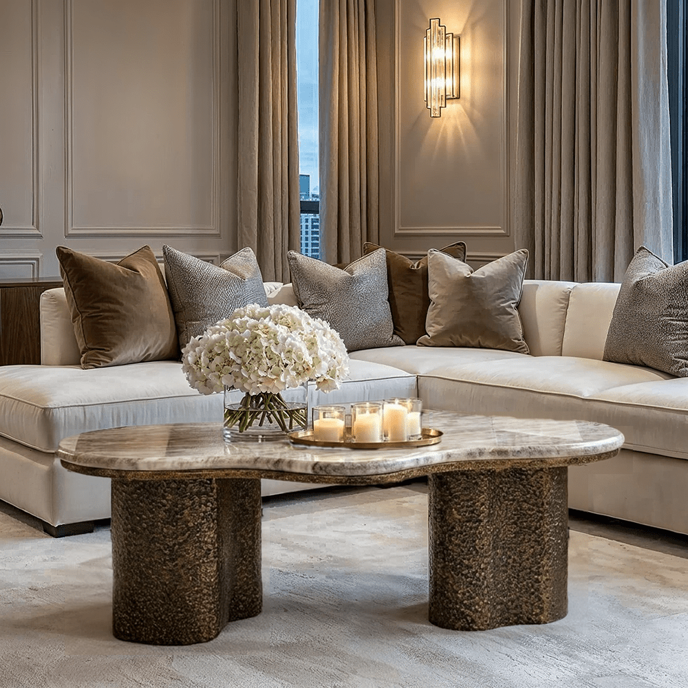 Rolter Neutral Marble Coffee Table with Brushed Brass Base Furniture