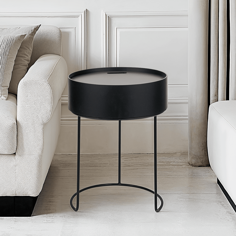 Rosolini Black Wood Veneer & Metal Storage Side Table Furniture