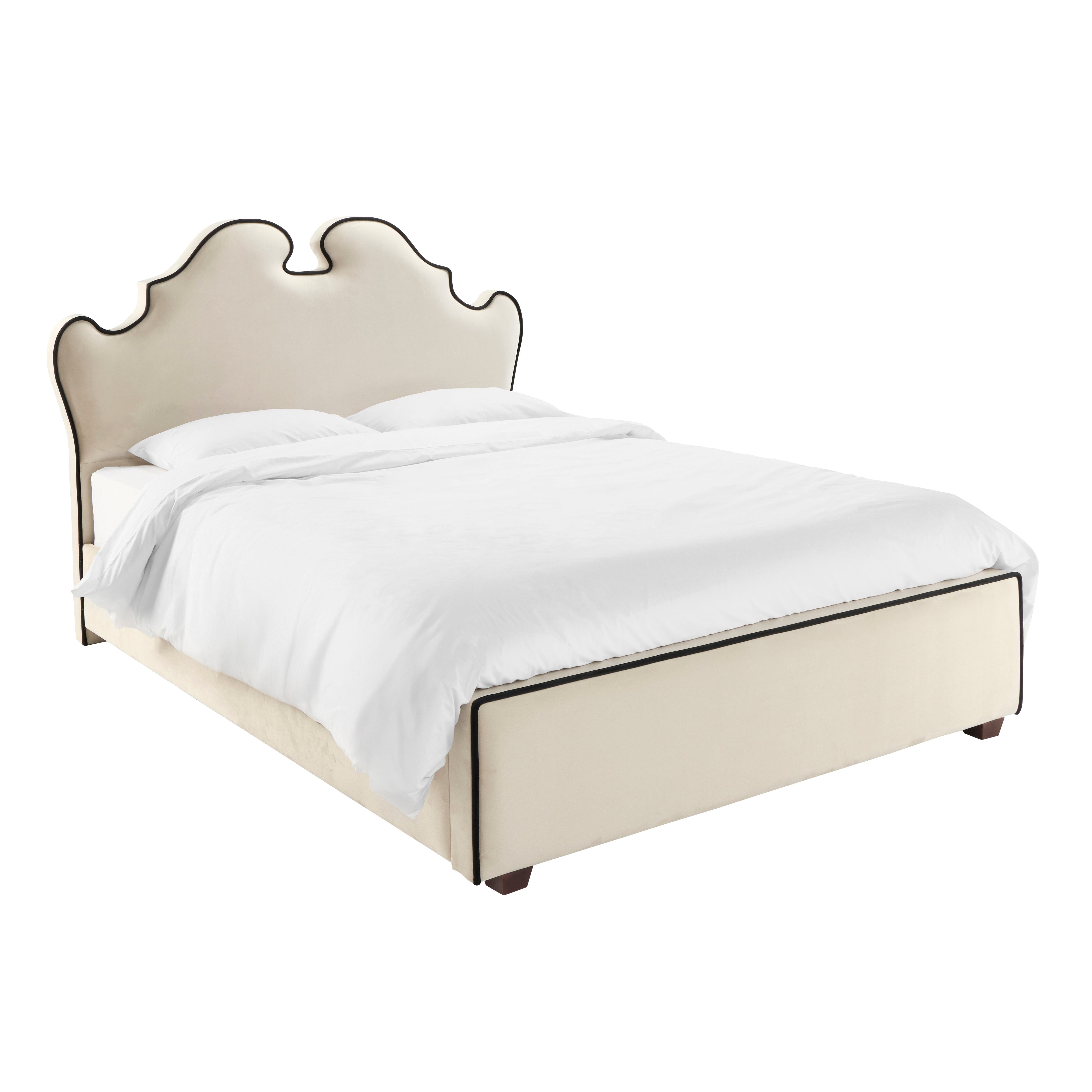 Seraphina Vanilla Velvet Statement Curved Bed with Black Piping Detail Beds and Headboards
