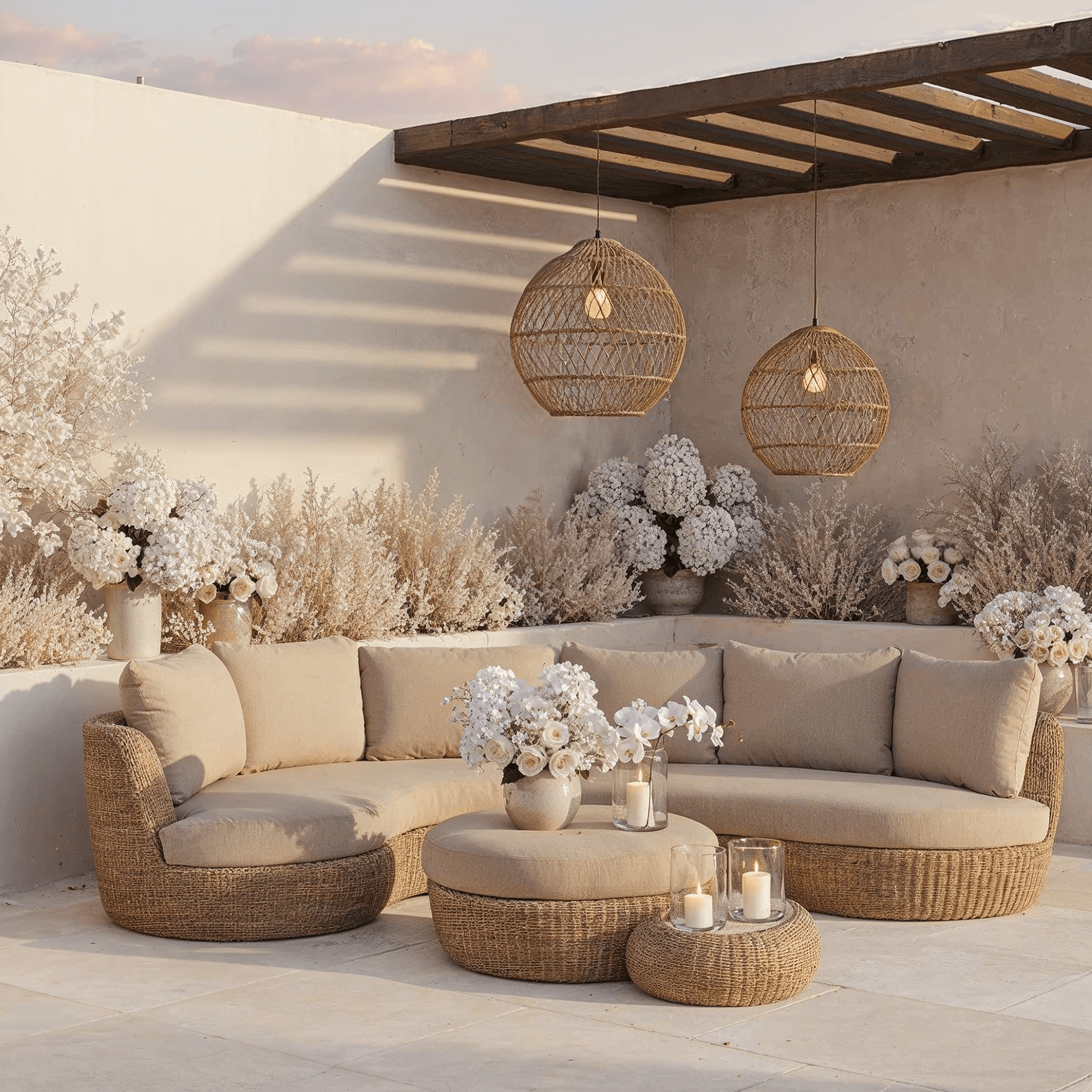 Sevilla Natural Wicker Outdoor Curved Sofa & Footstool Set Outdoor