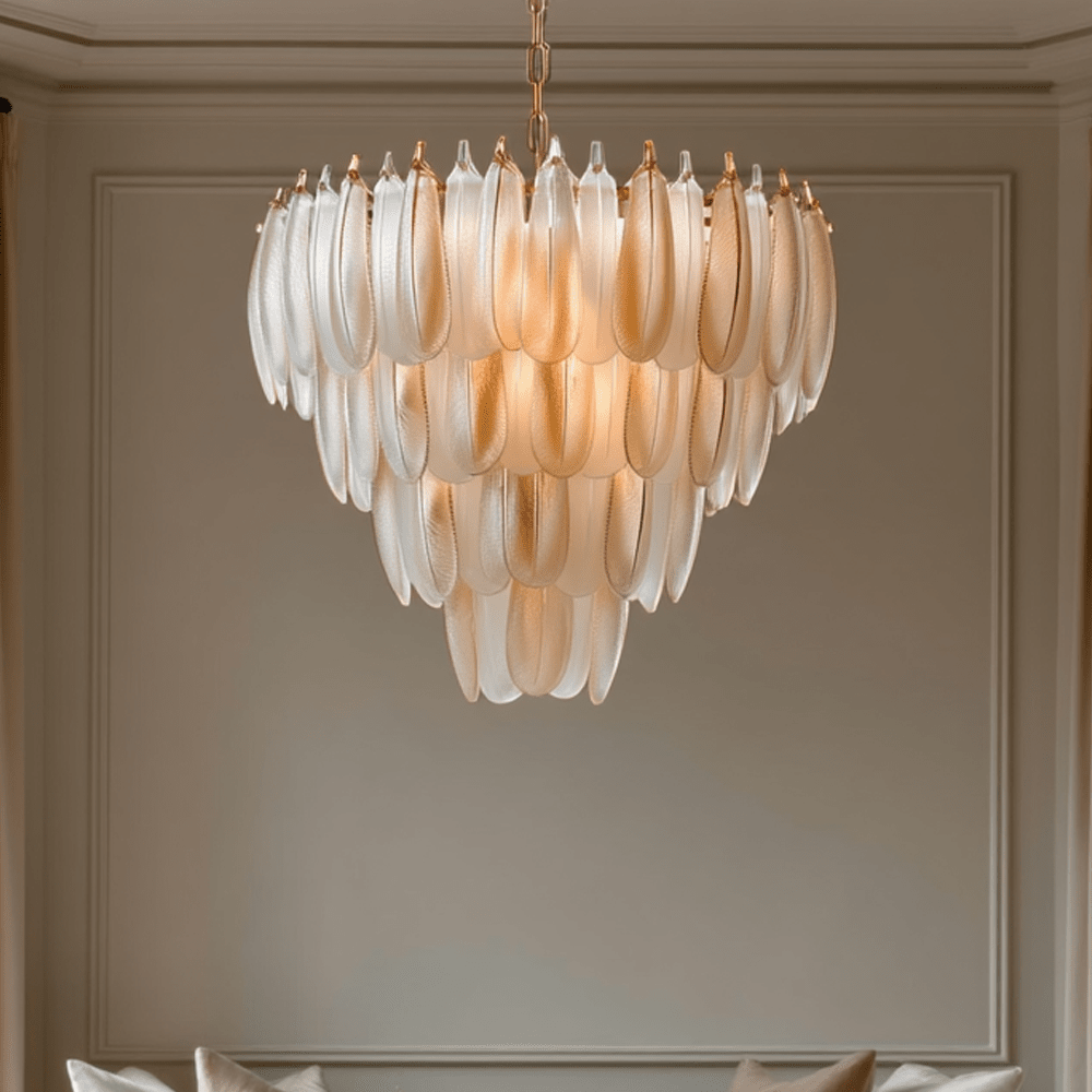 Siella Luxury Glass Feathers Tiered White & Champagne Chandelier Lighting
