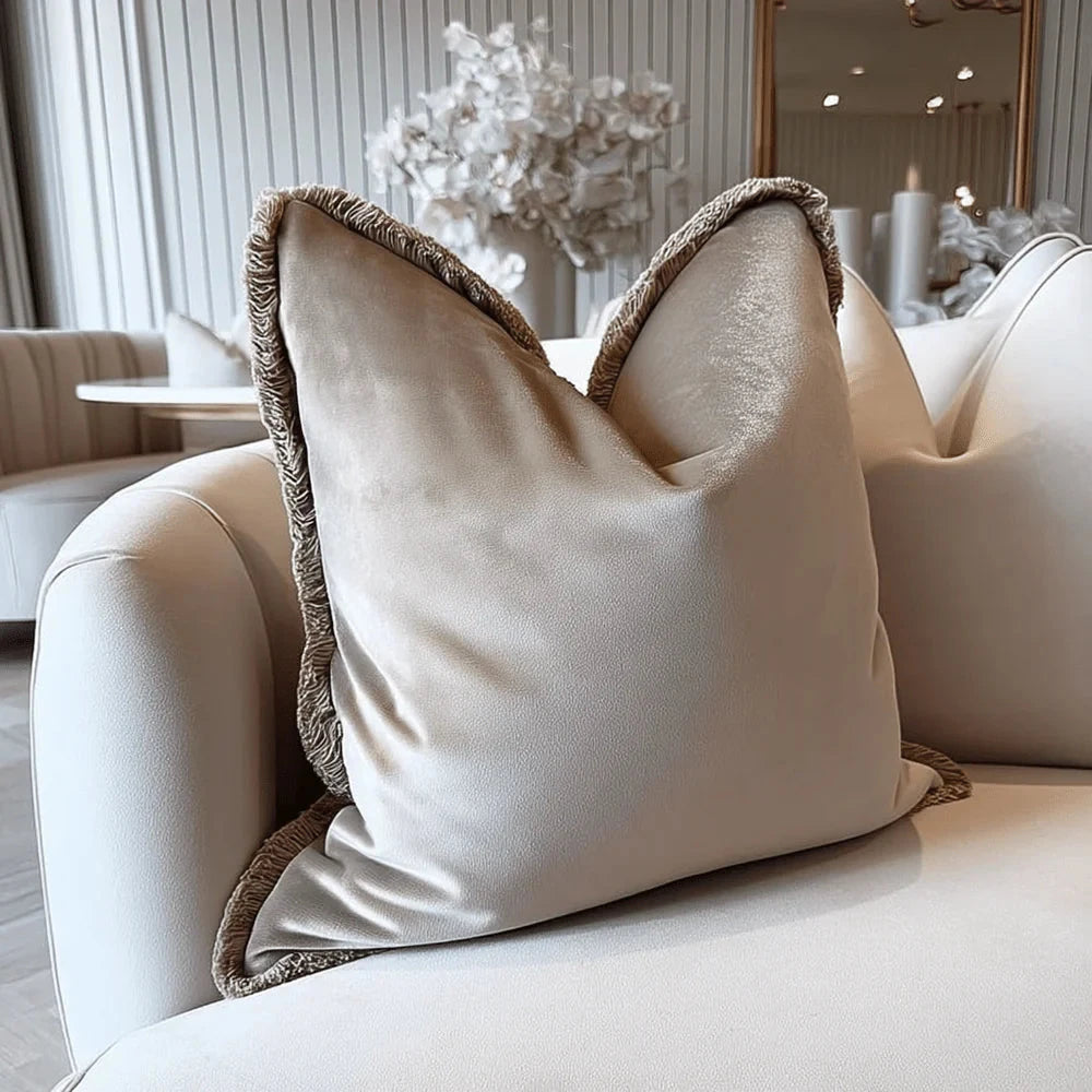 Sinéad Taupe Velvet Cushion with Fringe Detailing - 45x45cm Textiles