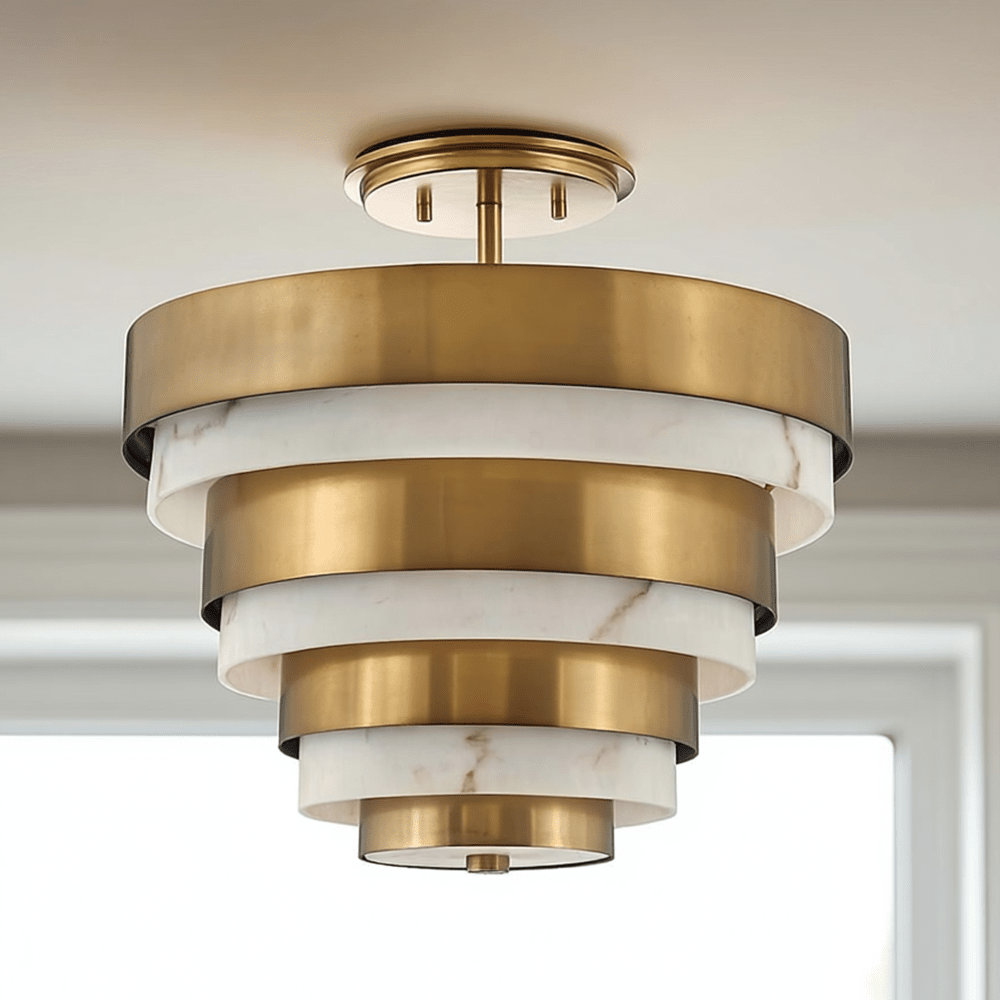 Skala Gold & Marble 3 Light Tiered Semi Flush Ceiling Light Lighting