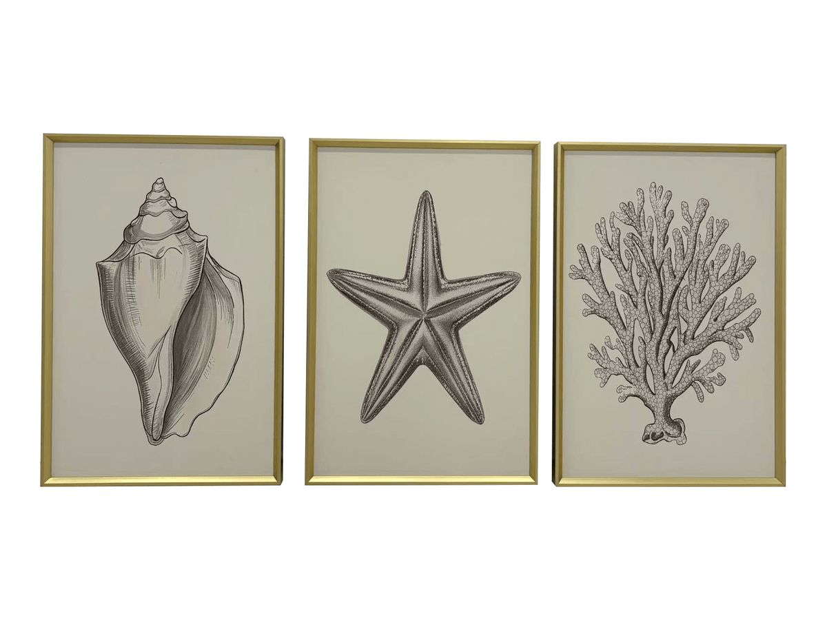 Solstice Coastal Canvas Wall Art with Gold Frame - Set of 3 Accessories