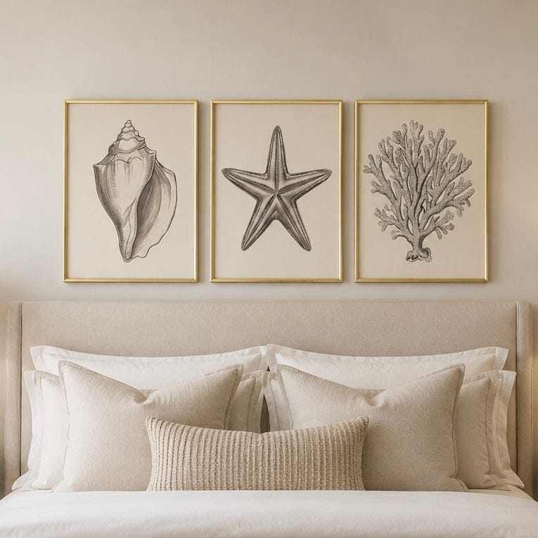 Solstice Coastal Canvas Wall Art with Gold Frame - Set of 3 Accessories