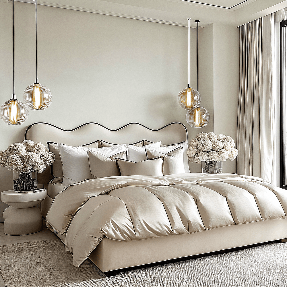 Squiggle Vanilla Velvet Scalloped Bed with Black Piping Detail Beds and Headboards