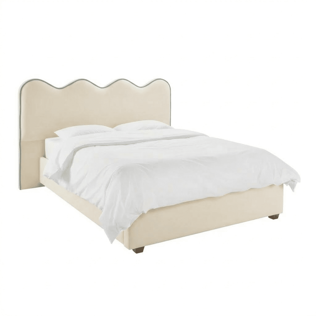 Squiggle Vanilla Velvet Scalloped Bed with Blue Piping Detail Beds and Headboards