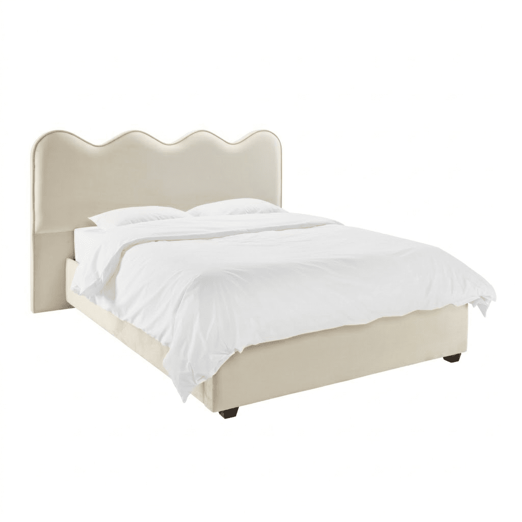 Squiggle Vanilla Velvet Scalloped Bed with Cream Piping Detail