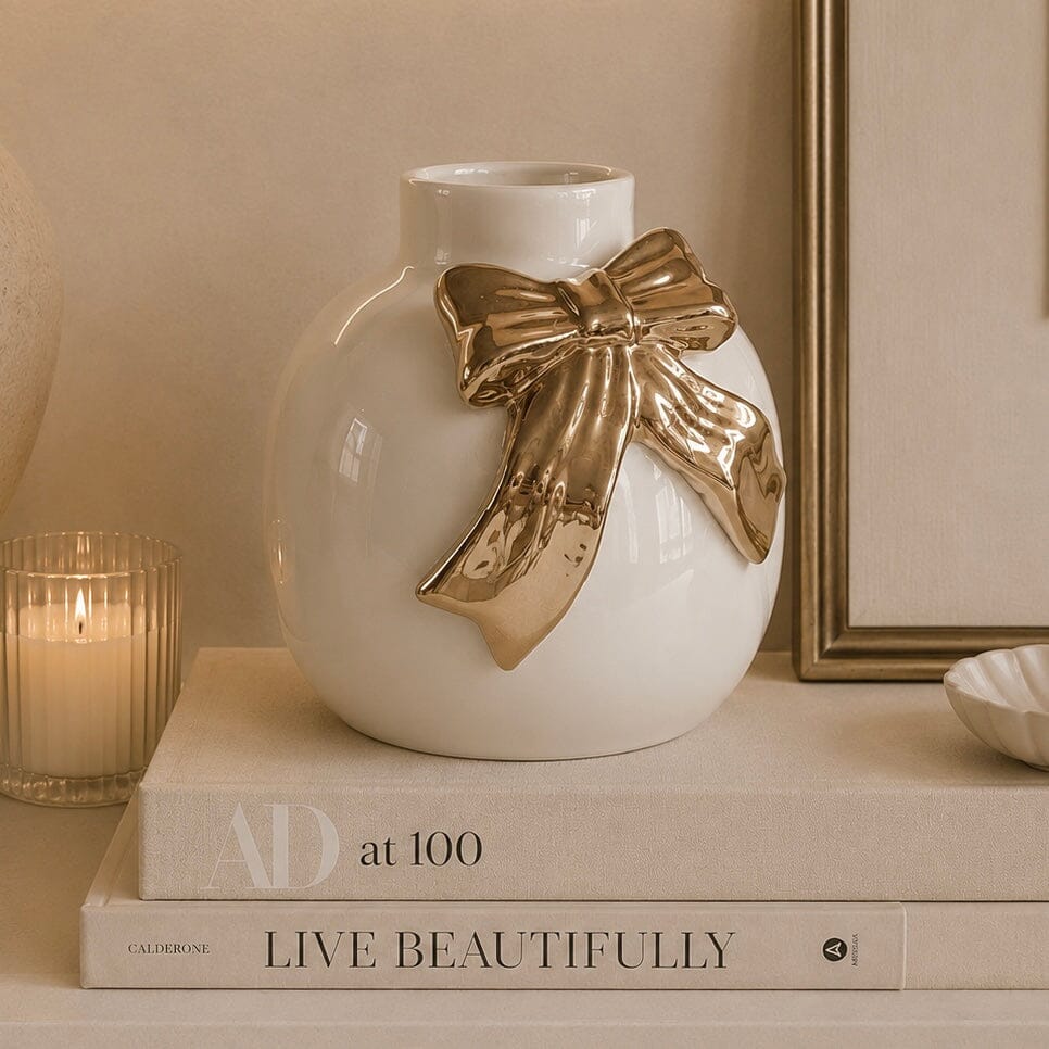 Talia Cream & Gold Decorative Vase with Bow Accessories