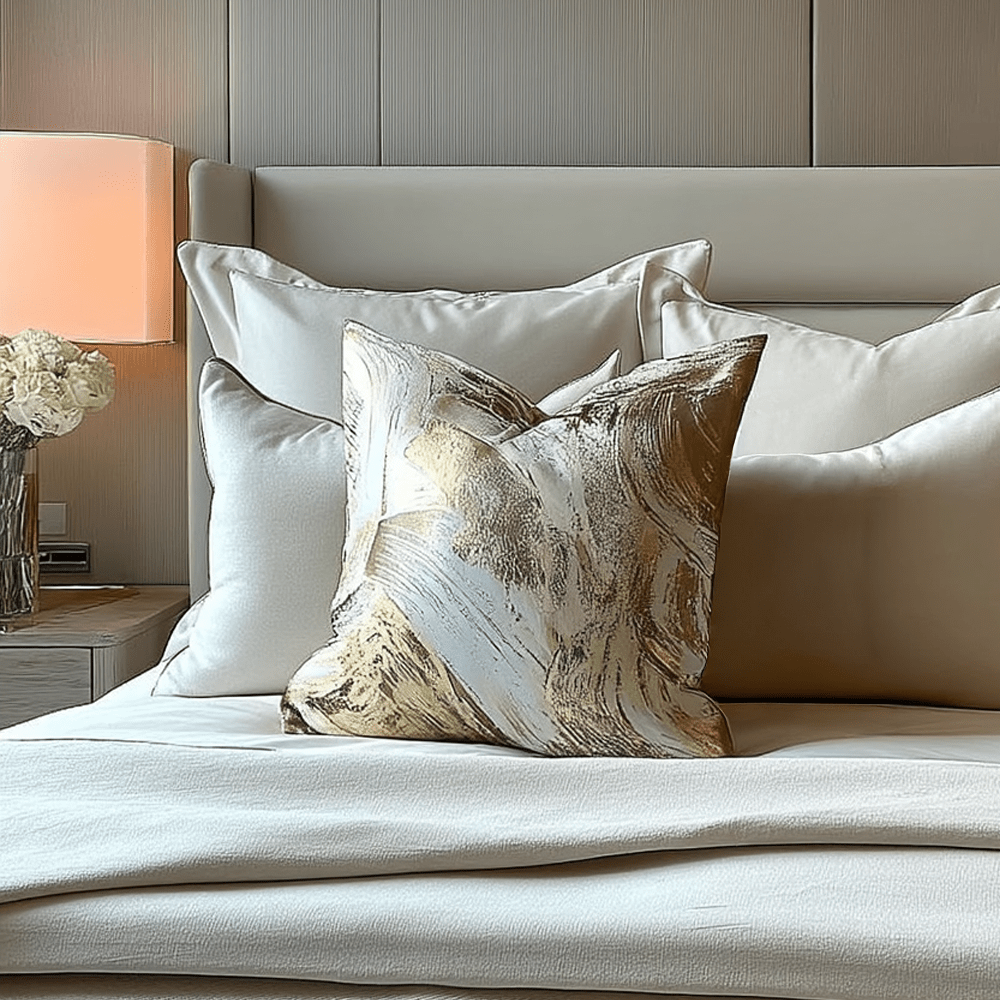 Talina Cream & Gold Brushstroke Pattern Cushion - 50x50cm