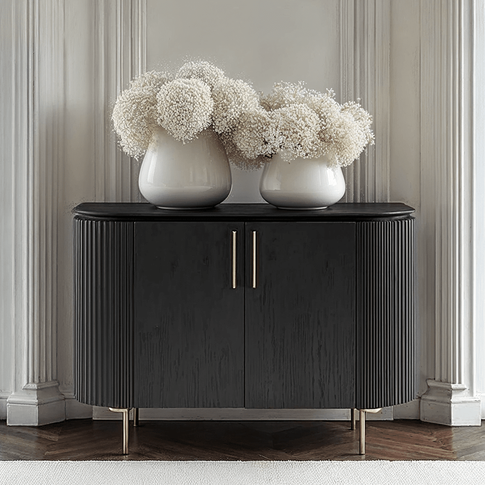 Tia Ribbed Rounded Black 2 Door Sideboard with Gold Legs Furniture