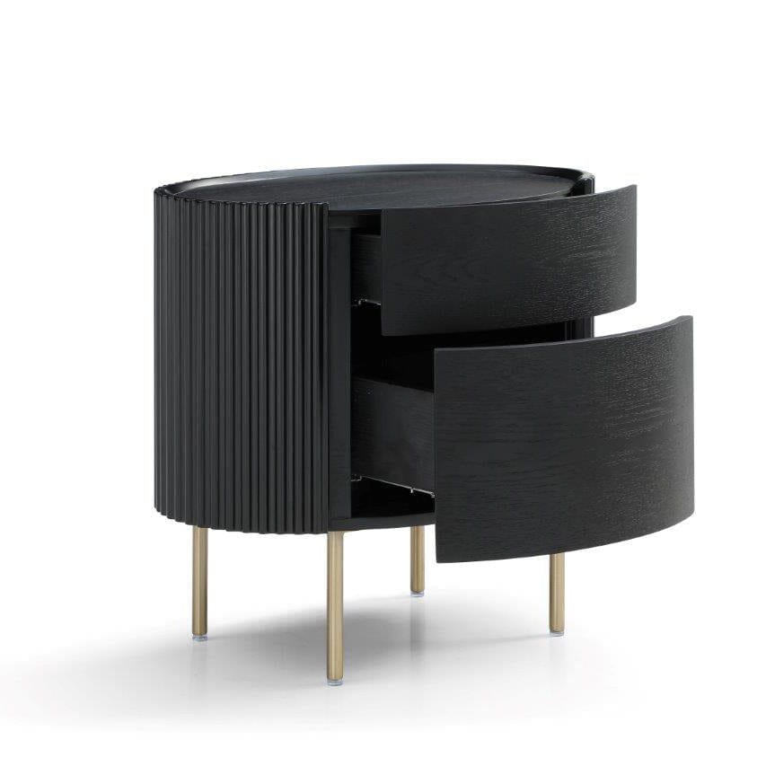 Tia Ribbed Rounded Black 2 Drawer Bedside Table with Gold Legs Furniture