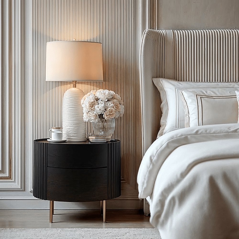 Tia Ribbed Rounded Black 2 Drawer Bedside Table with Gold Legs Furniture