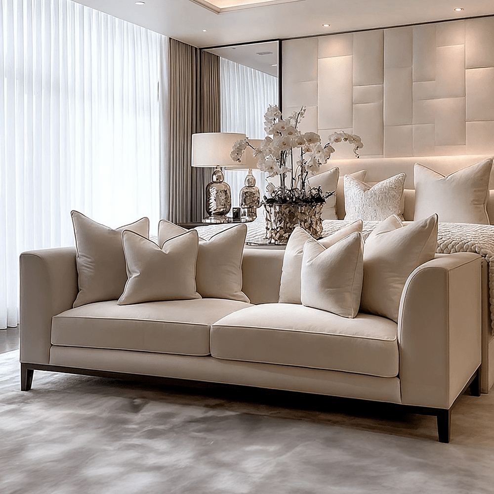 Timeless Cream Velvet 3 Seater Pillowback Sofa, With Black Wooden Plinth Sofa