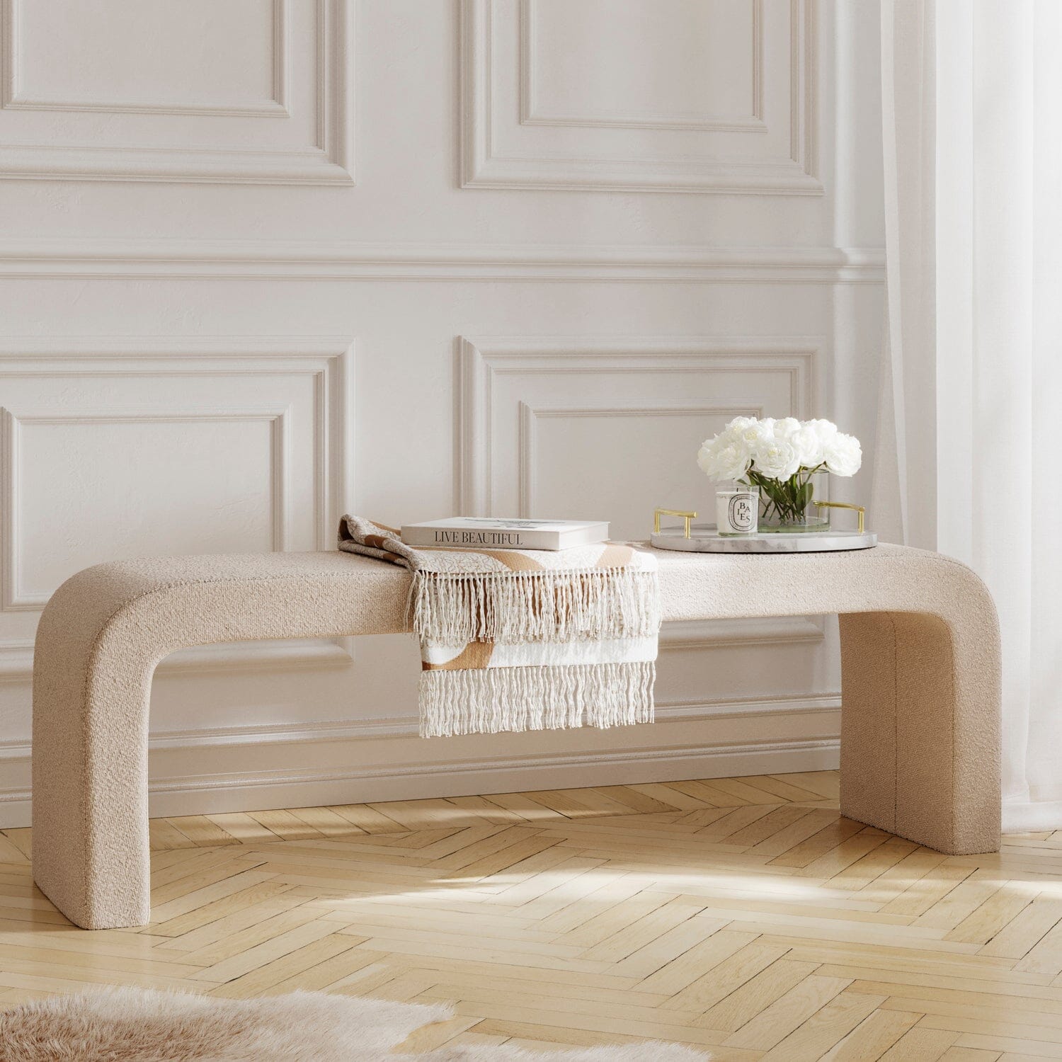 Valiona Cream Boucle Curved Bench Furniture