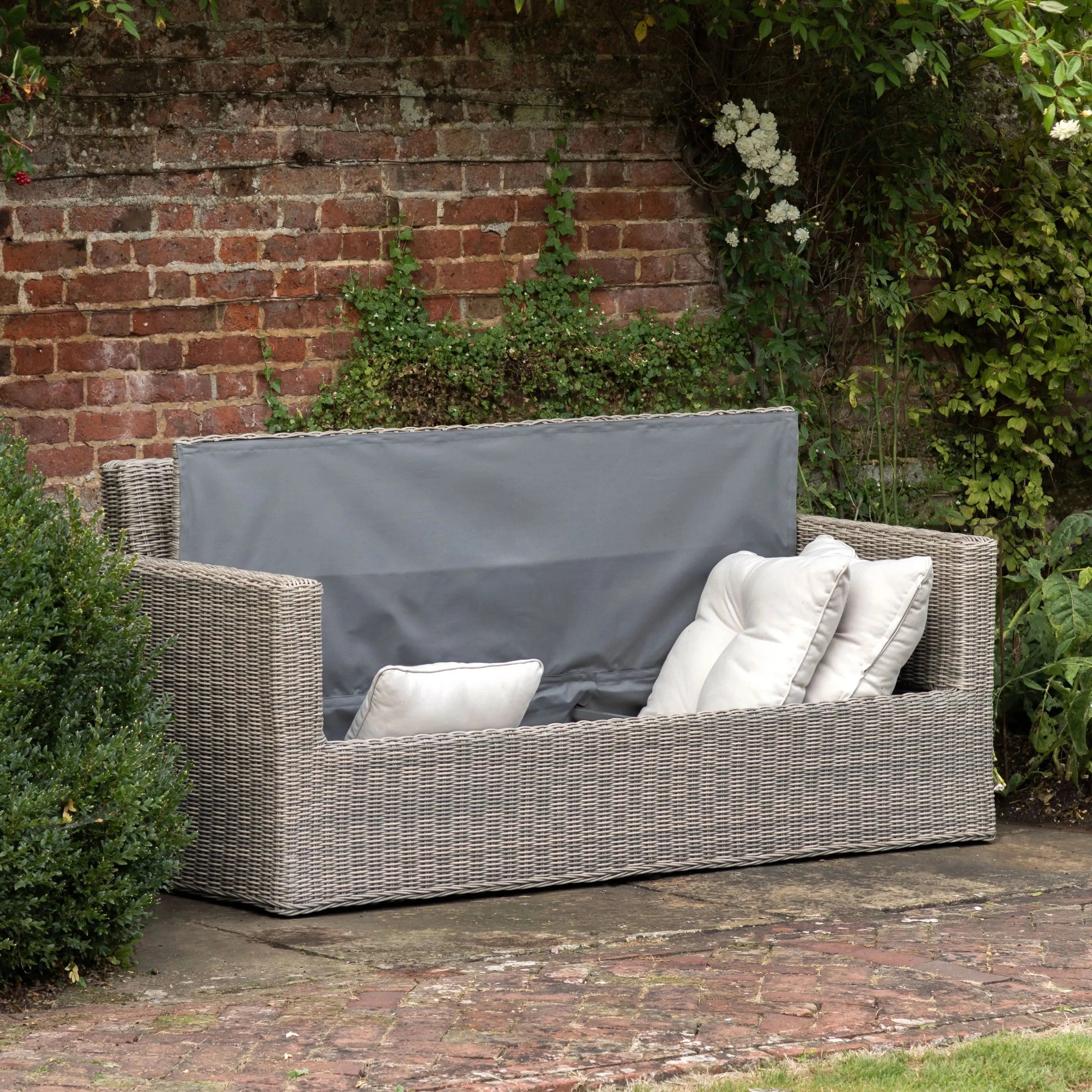 Vazzano Cream & Rattan 2 Seater Outdoor Storage Sofa Outdoor