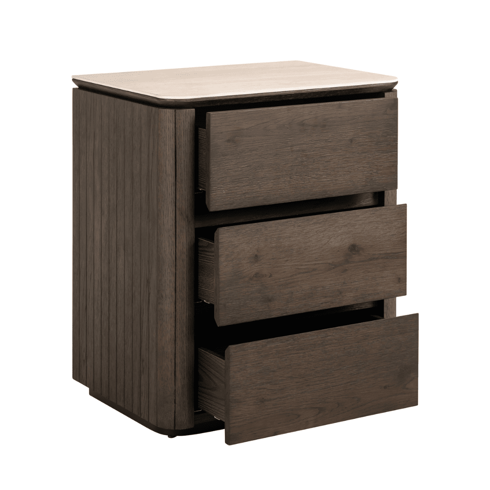 Verity Dark Brown 3 Drawer Bedside Table with Travertine Top Furniture
