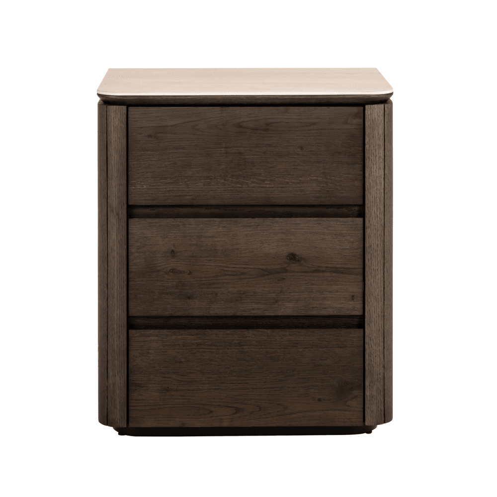 Verity Dark Brown 3 Drawer Bedside Table with Travertine Top Furniture