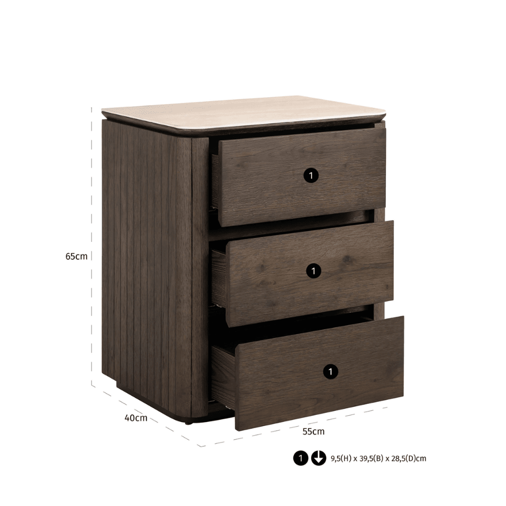 Verity Dark Brown 3 Drawer Bedside Table with Travertine Top Furniture