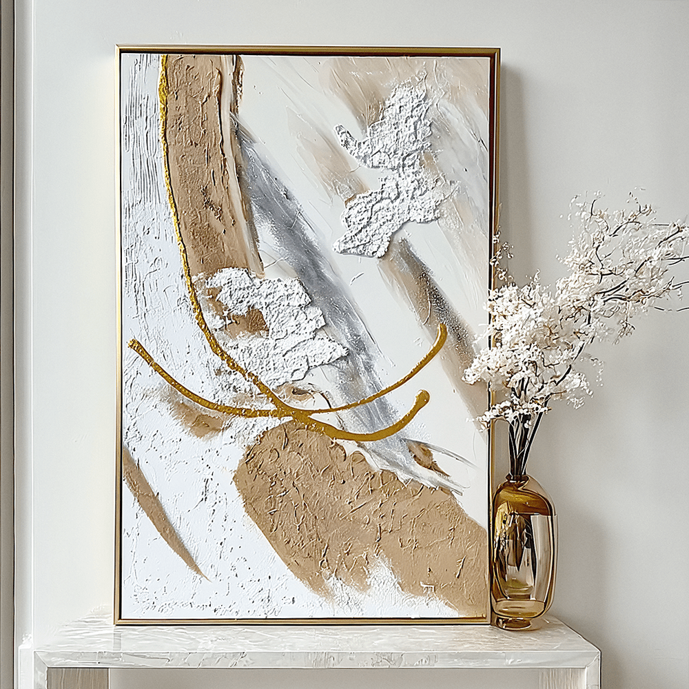 Verona Cream, Taupe & Gold Abstract Paint Brush Effect Textured Canvas Wall Art Accessories