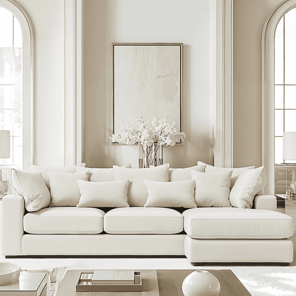 Victoria Cream Velvet Large Chaise End Sofa - Right Hand Facing Sofa Pillow Back