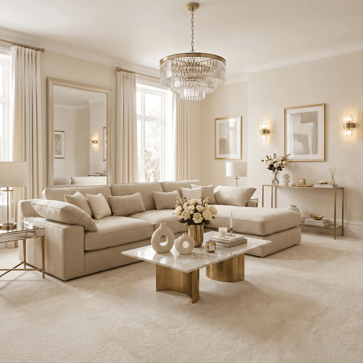 Victoria Cream Velvet Large Chaise End Sofa - Right Hand Facing Sofa Standard Back