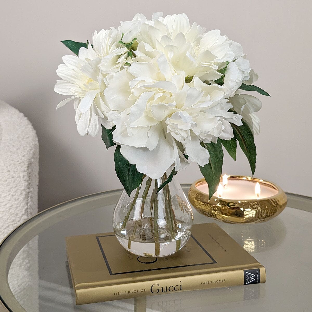 White Faux Peony & Gerbera Florals in Vase Accessories