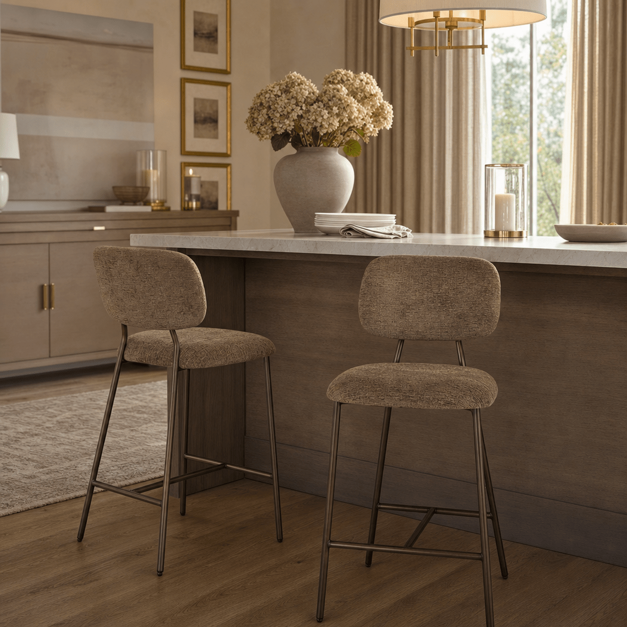 Wilder Warm Brown Chenille & Bronze Bar Stools- Set of 2 Furniture