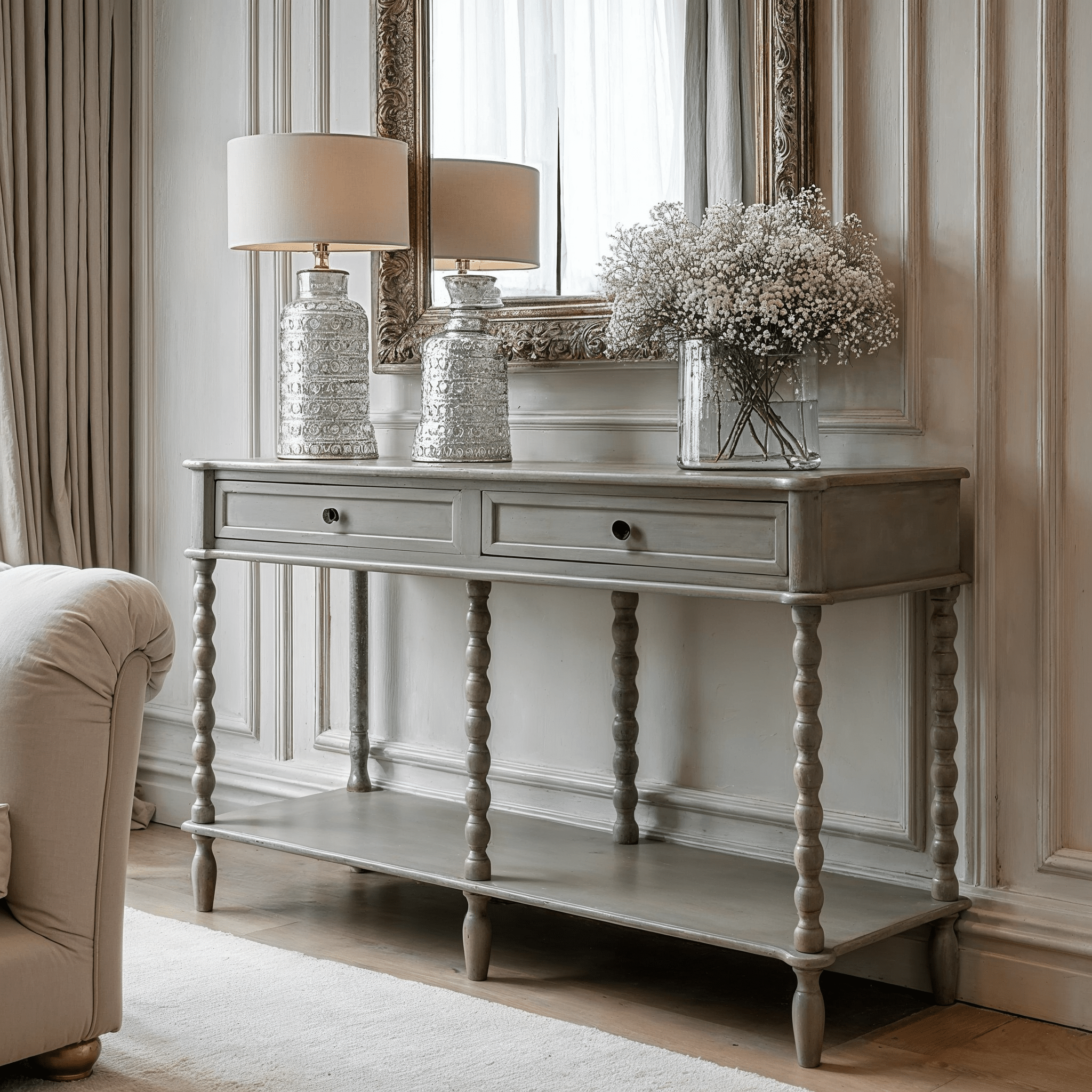Wiley Grey Large 2 Drawer Console Table with Leg Detailing Furniture